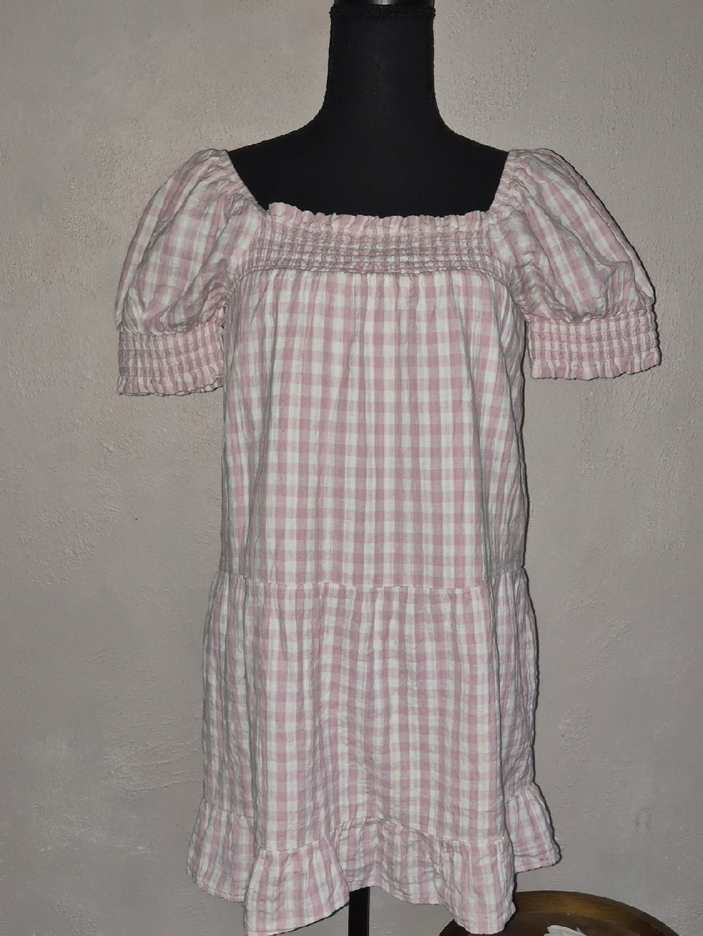 🩷Pink and White Gingham Puff Sleeve Dress